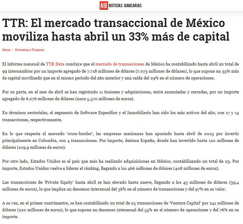 TTR: El mercado transaccional de Mxico moviliza hasta abril un 33% ms de capital